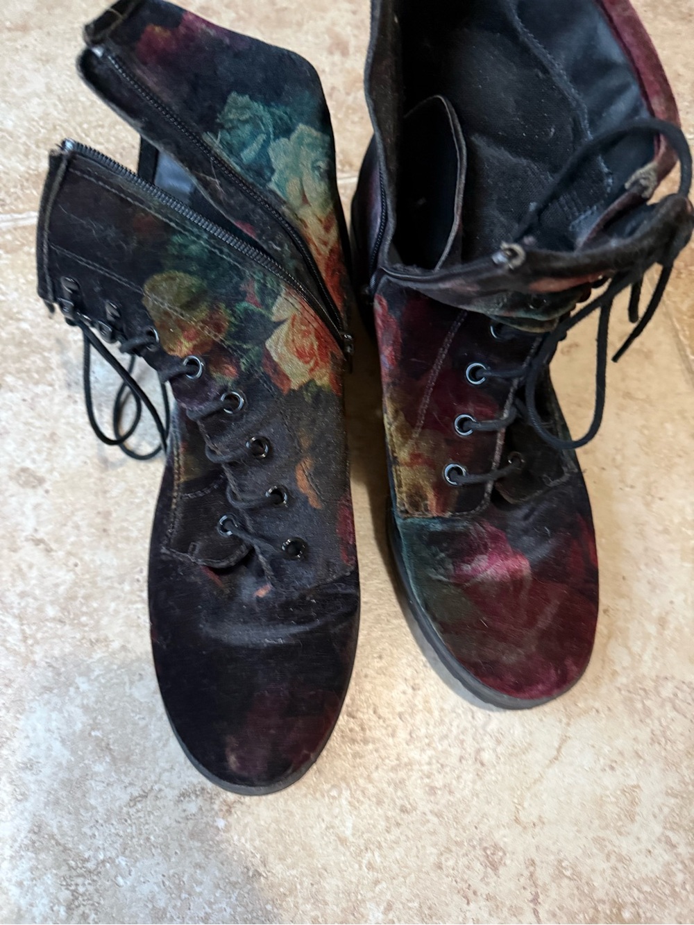 Floral Velvet Lace-Up Boots - Black with Multicolor Rose design